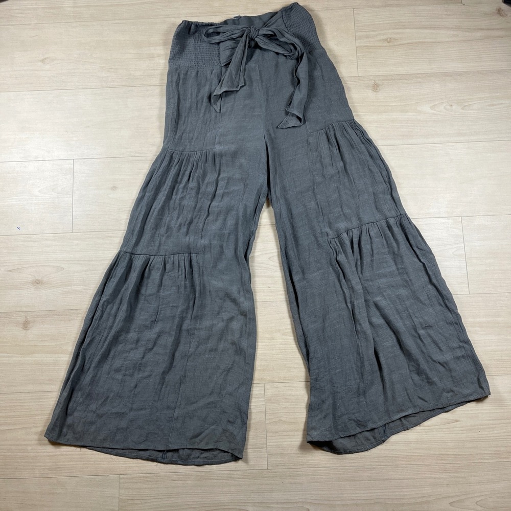 Hyfve Gray Smocked Waist Tiered Wide Leg Boho Palazzo Pants Small